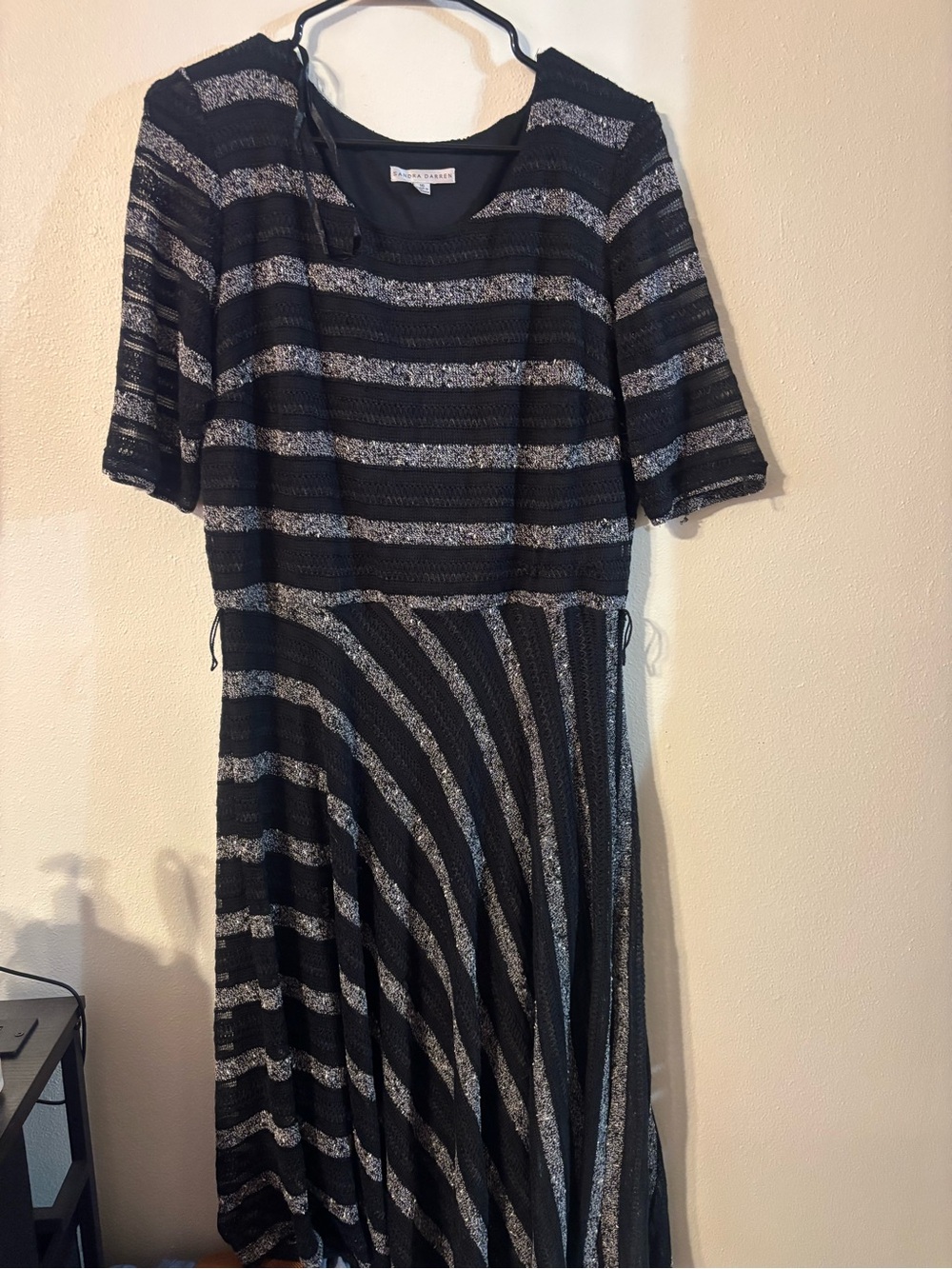 Sandra Darren Black and Silver Striped Midi Dress